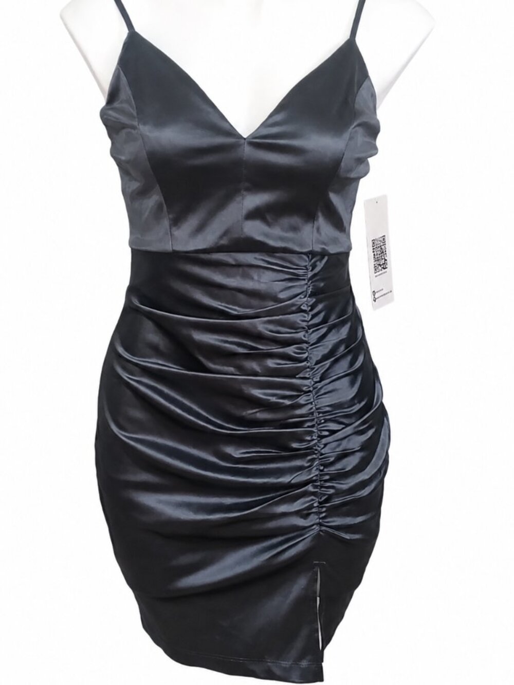 Medium Satin Spaghetti Strap Ruched Bodycon Mini Dress V-Neck Homecoming Glam